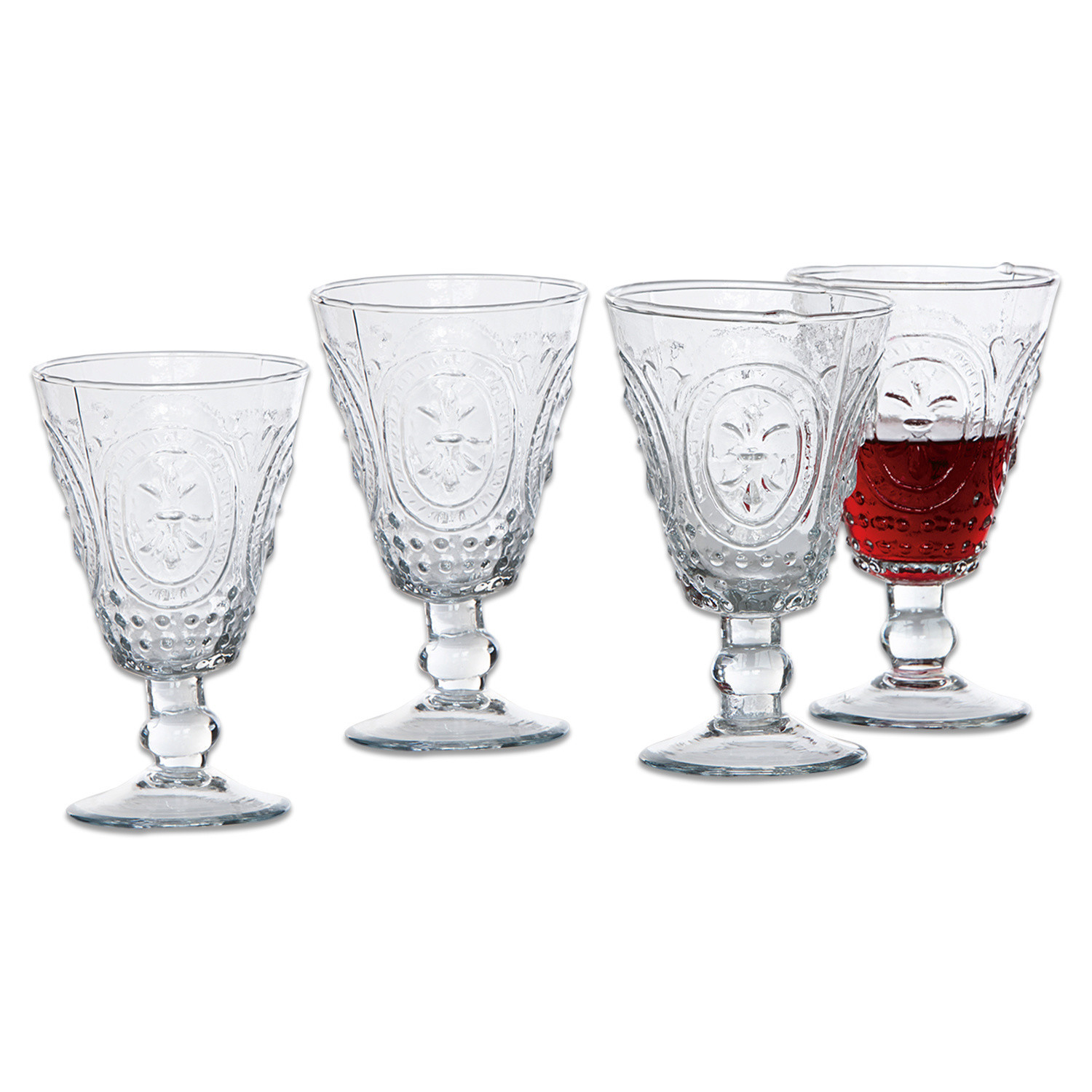Weingläser 4er Set Sarton Set mit vier klaren Gläsern mit dekorativem Muster, ideal zum Servieren von Getränken.