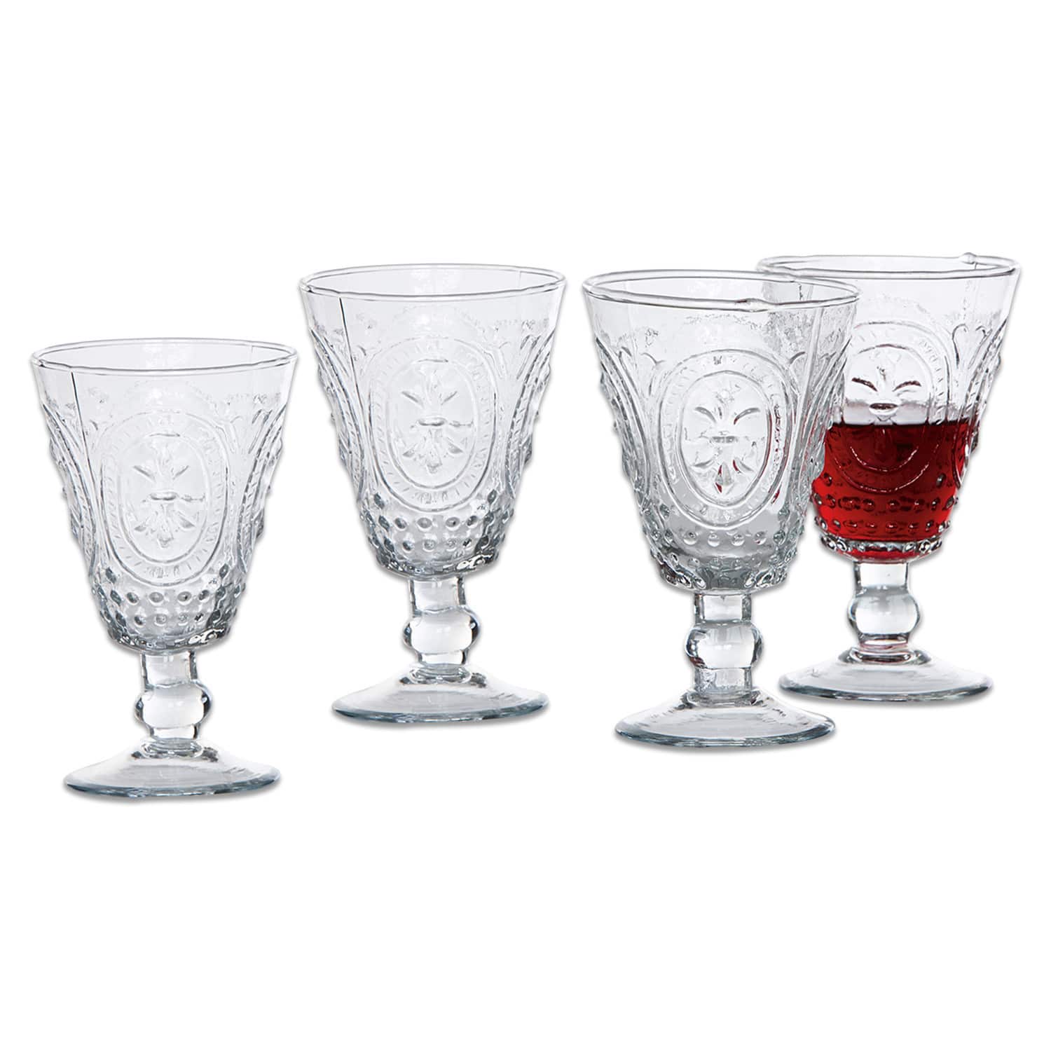 Weingläser 4er Set Sarton Set mit vier klaren Gläsern mit dekorativem Muster, ideal zum Servieren von Getränken.