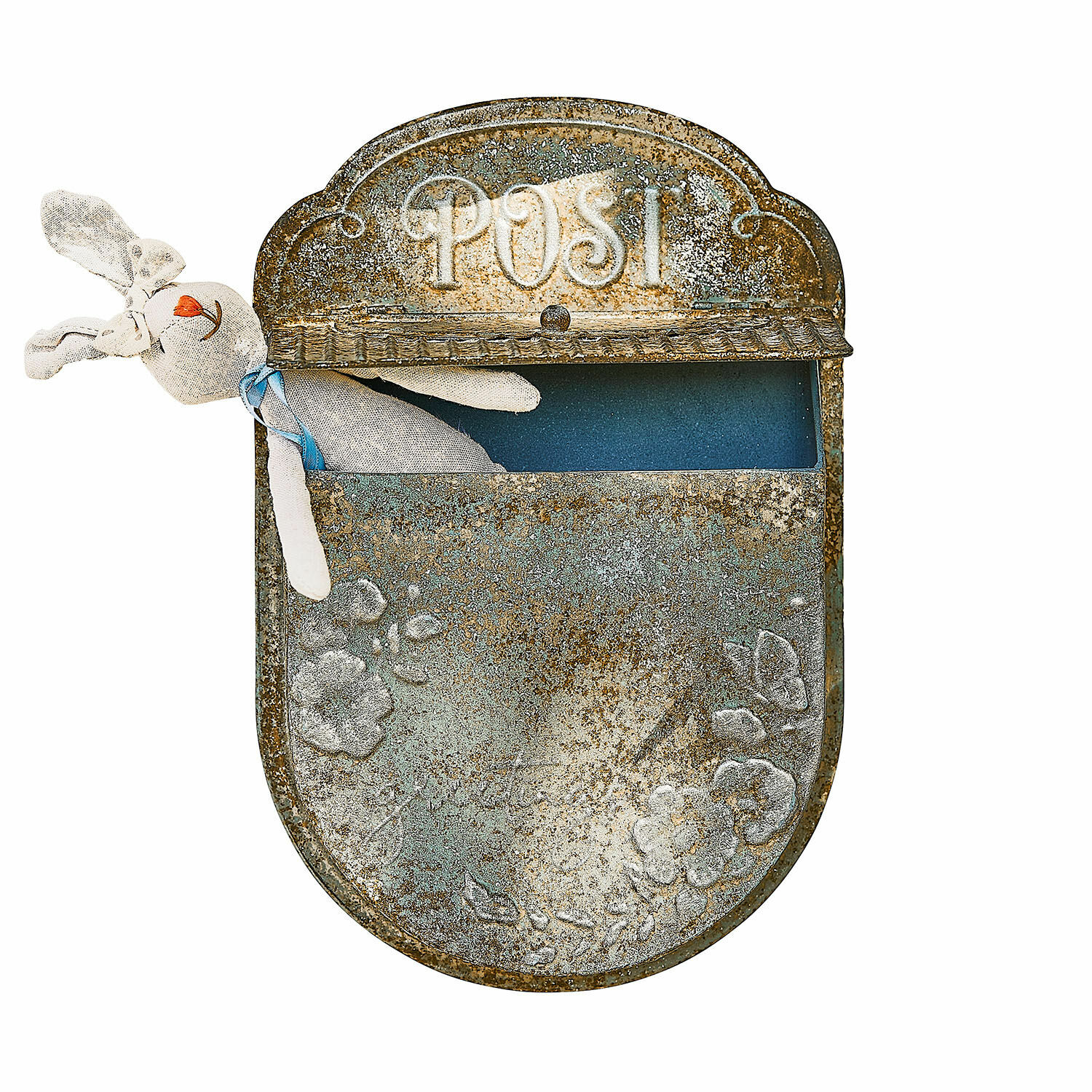 Briefkasten Mimello Metall-Briefkasten mit Patina, Schriftzug POST und Stoffhase im Innern