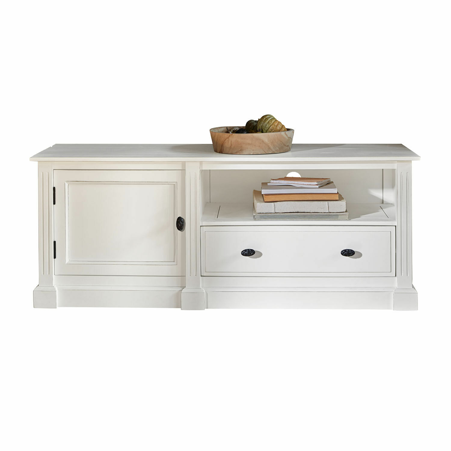 Sideboard Lune Sauvage Weisser Holztisch mit Schublade und Ablage, dekorative Schale und Bücher auf der Oberfläche