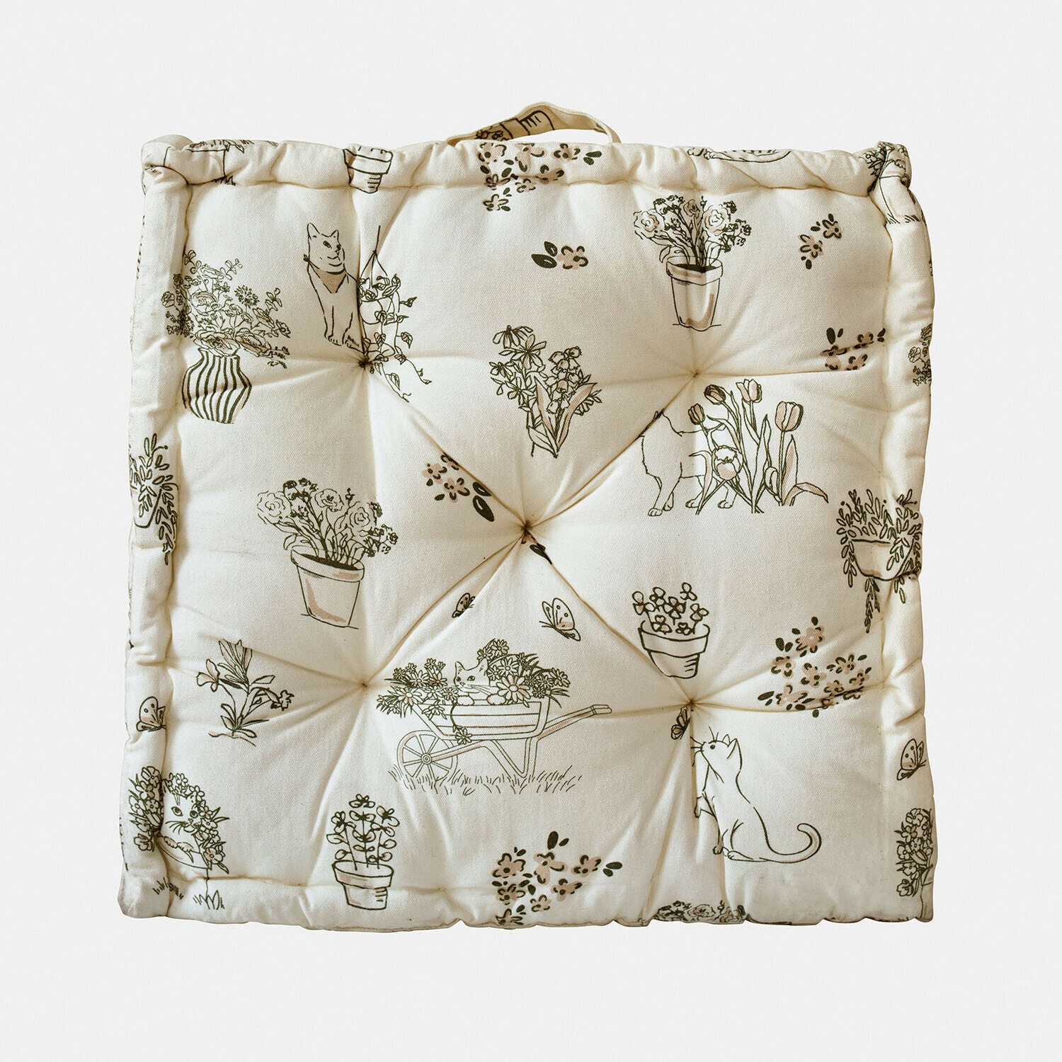 Quadratisches Baumwollkissen in Creme mit Pflanzen- und Katzenmotiven, dekorativ und bequem für Stühle