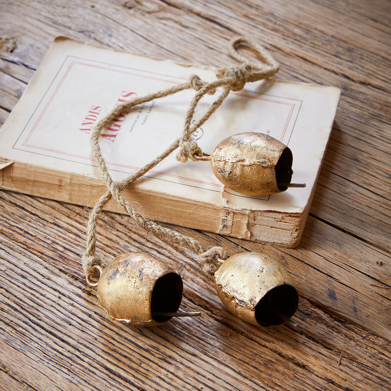 Glocke 3er Set Orelli Drei goldene Metallglocken an einem Seil auf einem Holztisch mit altem Buch im Hintergrund