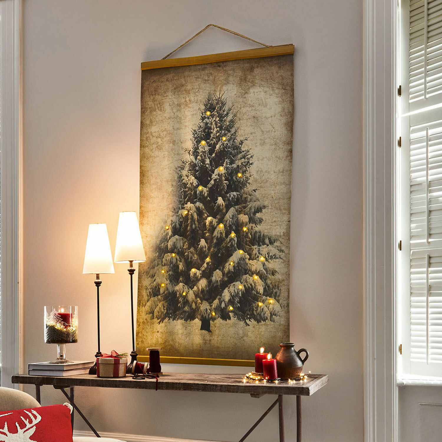 Bild mit LED Gussers Dekoratives Wandbild mit Tannenbaum und warmen LED-Lichtern im Vintage-Stil für das Wohnzimmer