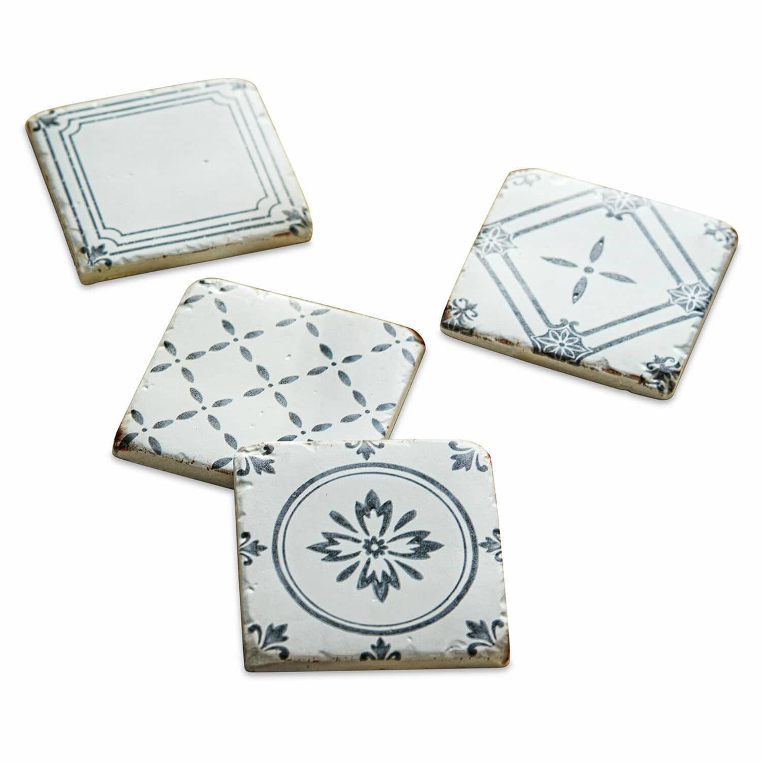 Untersetzer 4er Set Emma Weisse Keramikuntersetzer mit schwarzen Blumen- und Geometriemustern, dekorative Wohnaccessoires