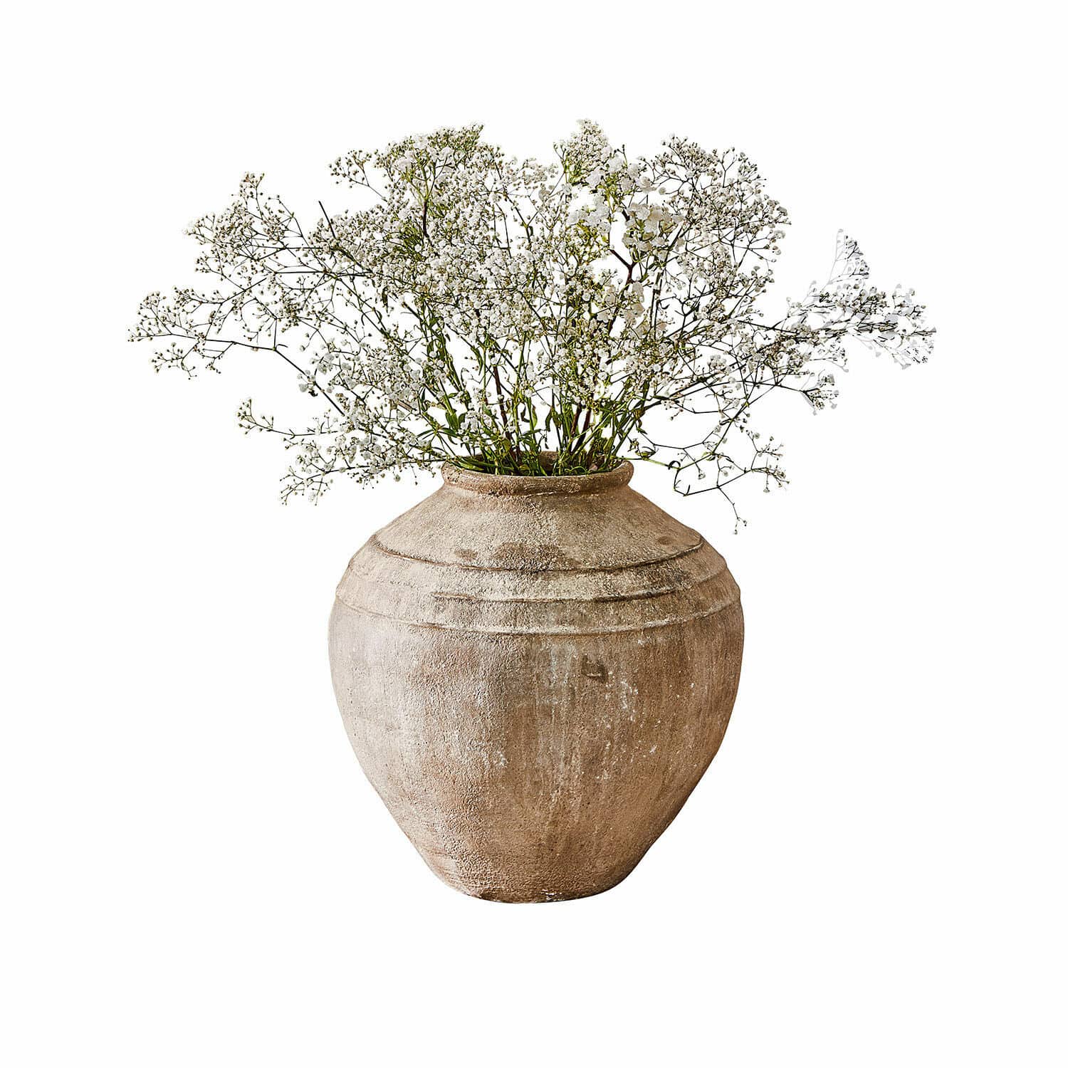 Vase Lanster Grosse beige Keramikvase mit zarten weissen Dekoblumen für die Wohnraumgestaltung