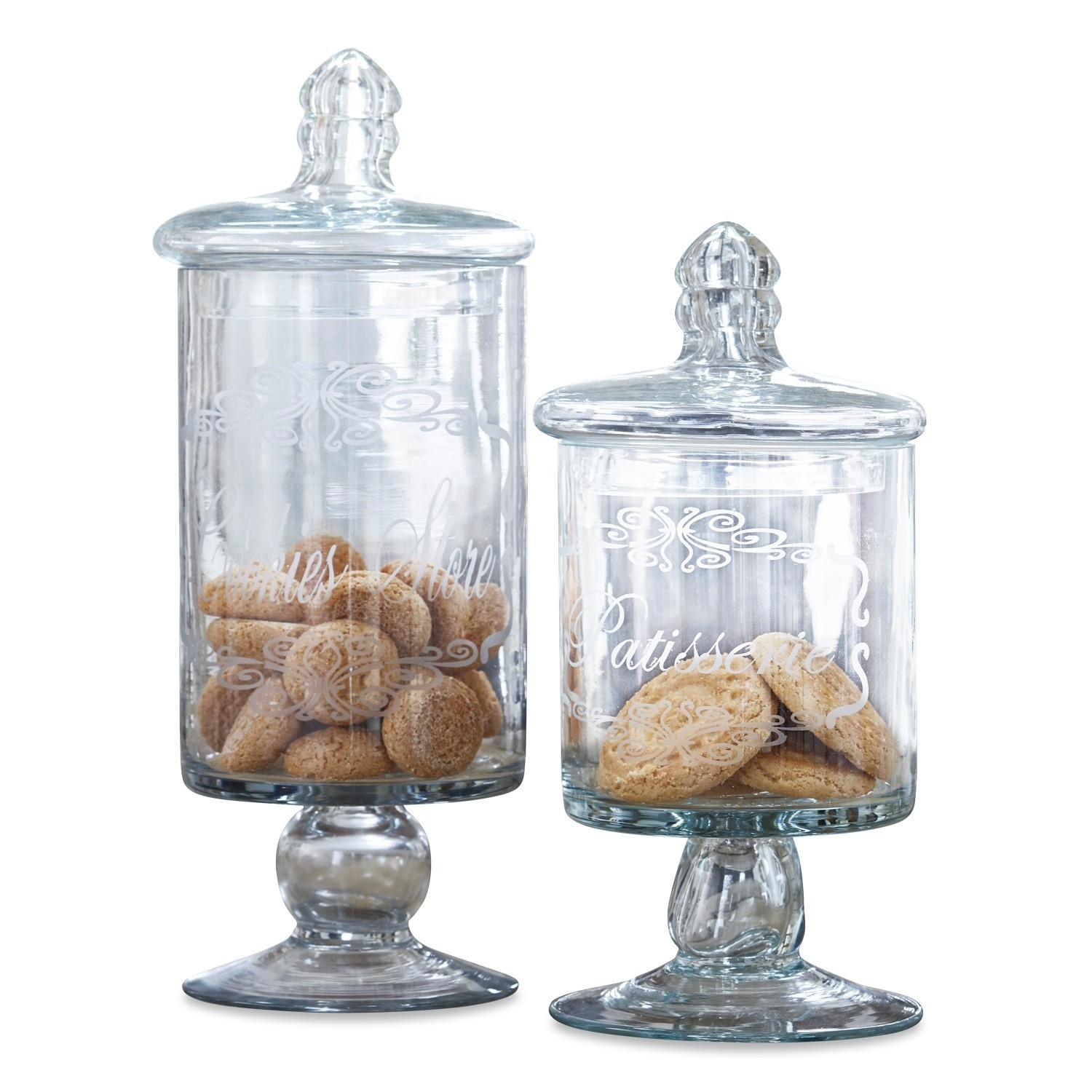Dose 2er Set Suzie Zwei transparente Glasbehälter auf Fuss mit Deckeln, gefüllt mit Keksen, dekoratives Glas
