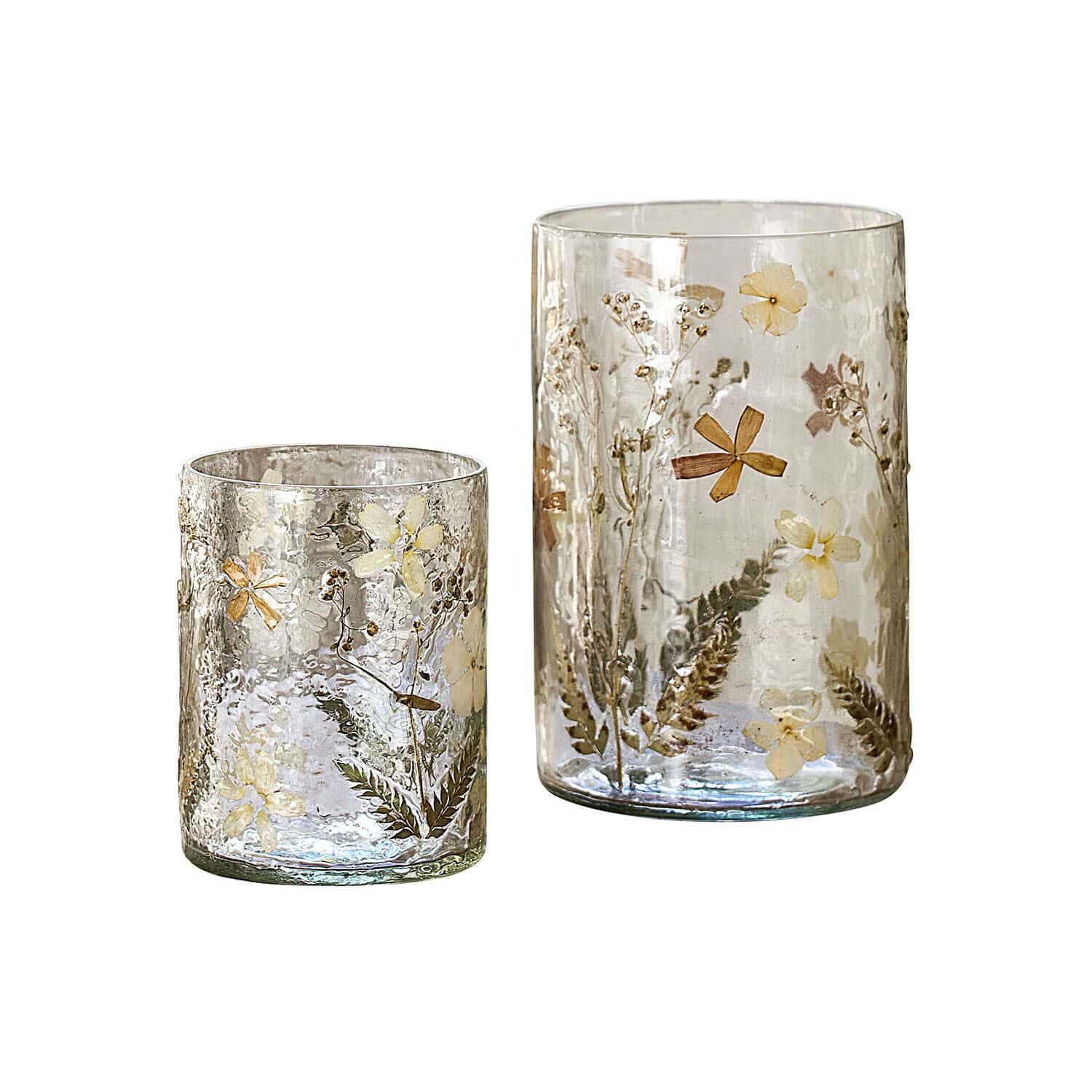 Vase 2er Set Coudrisse Set aus zwei transparenten Glaswindlichtern mit getrockneten Blumen und Blättern in Naturfarben