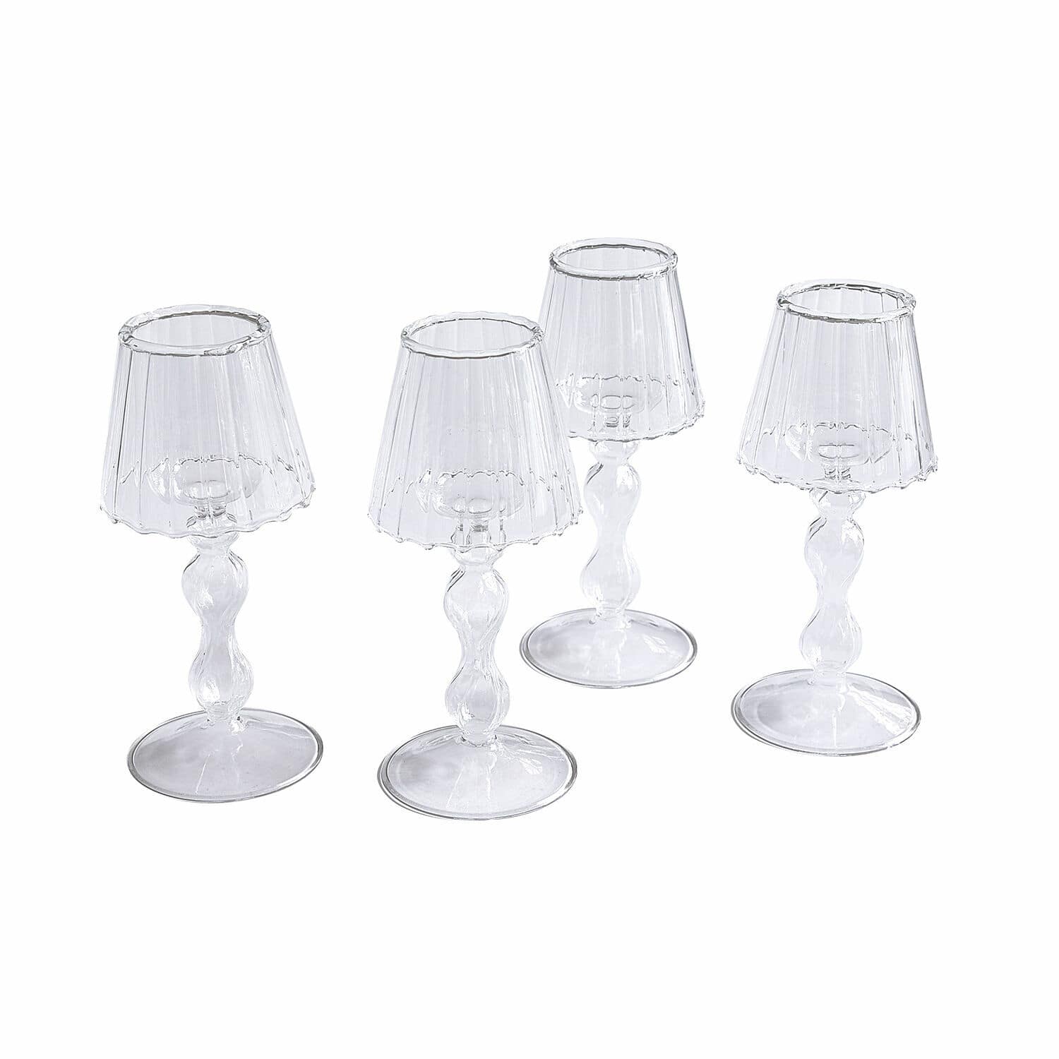 Kerzenhalter 4er Set Jouval Set aus vier transparenten Glaslampions mit dekorativem Fuss zur Wohnraumdekoration