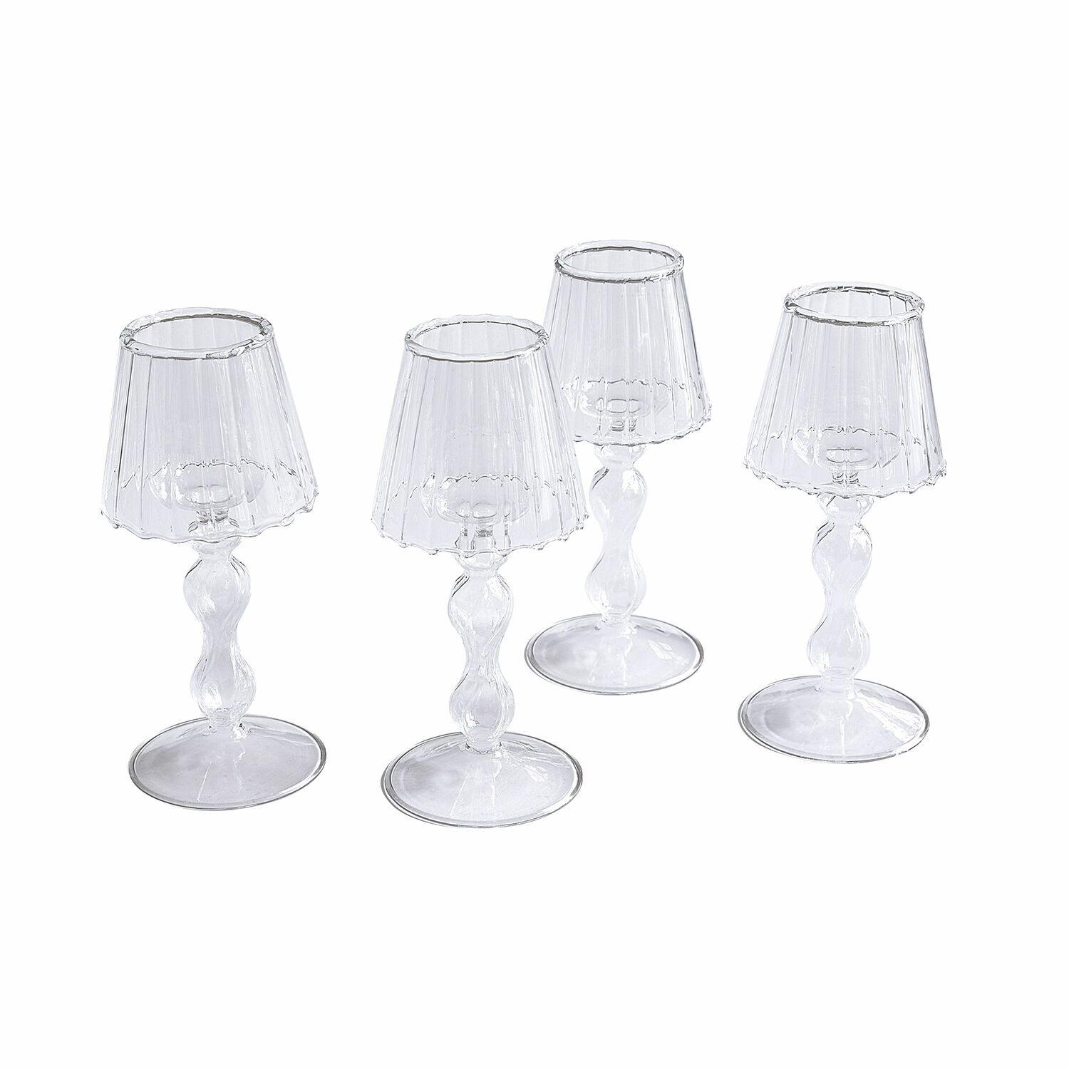 Kerzenhalter 4er Set Jouval Set aus vier transparenten Glaslampions mit dekorativem Fuss zur Wohnraumdekoration