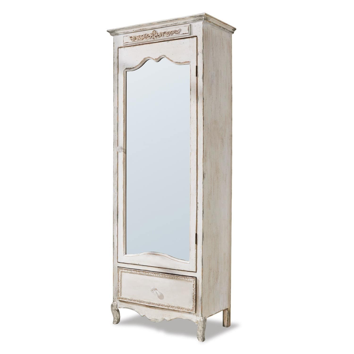 Schrank Lucgarier Hoher Holzschrank im Vintage-Stil in Weiss mit Spiegel und dekorativem Schubladendetail