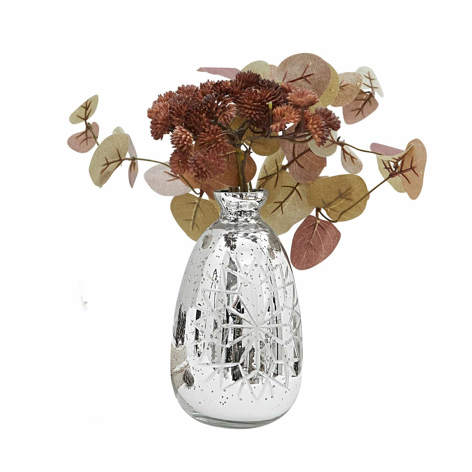 Vase Zorelie Silberne Glasvase mit graviertem Muster und getrockneten braunen Blumen als Dekoration