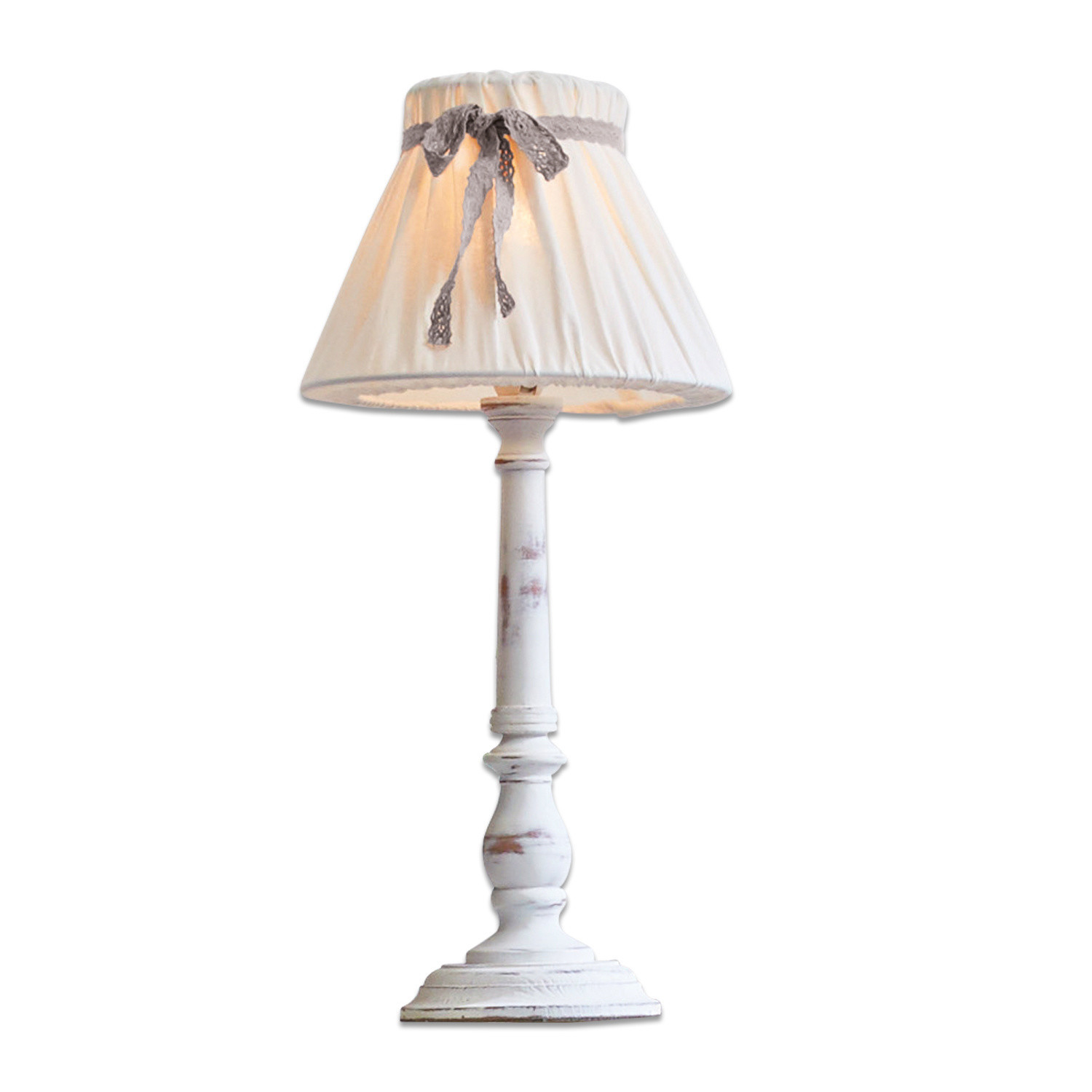 Tischlampe Valentin Weisse Holztischlampe mit Stoffschirm und grauer Schleife, dekorative Wohnzimmerlampe