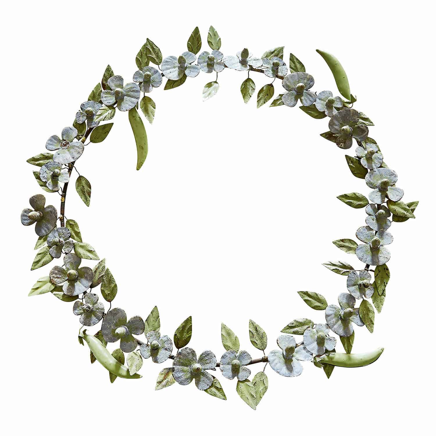 Kranz Cecilia Metallkranz mit grünen Blättern und weissen Blüten als Dekoration für Haus und Garten