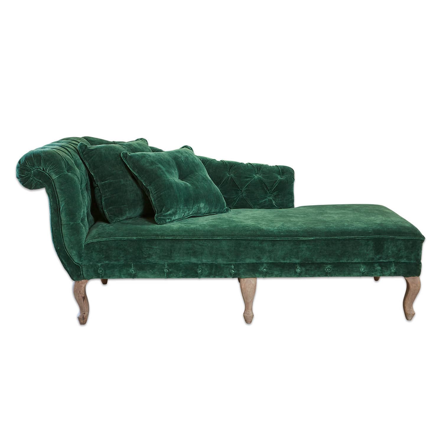 Chaiselongue Viviani Grüne Samt-Chaiselongue mit Holzbeinen und gesteppter Rückenlehne für das Wohnzimmer