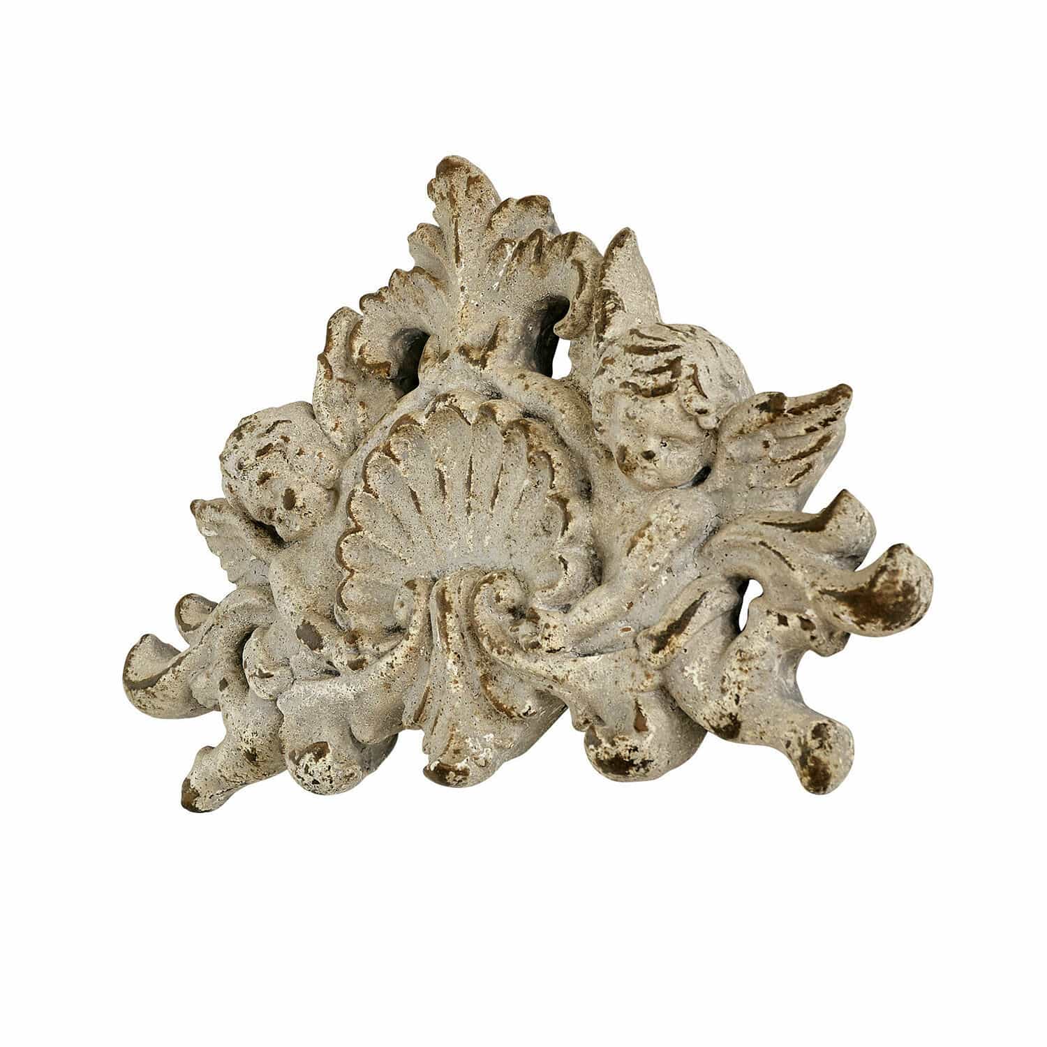 Wandornament Gordian Dekorativer Ornamentaufsatz aus weiss patiniertem Resin mit Engeln für Vintage-Interieur