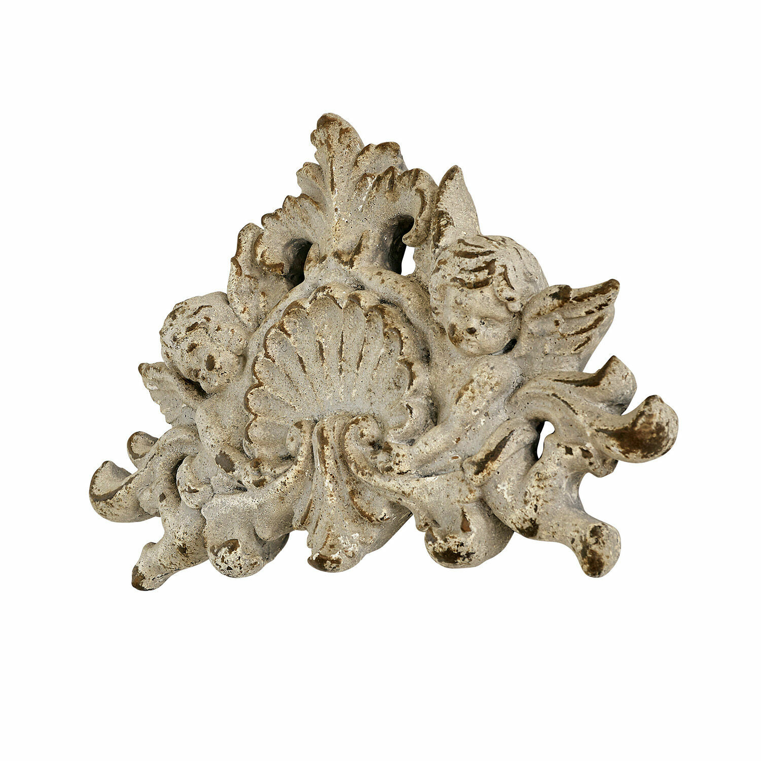 Wandornament Gordian Dekorativer Ornamentaufsatz aus weiss patiniertem Resin mit Engeln für Vintage-Interieur