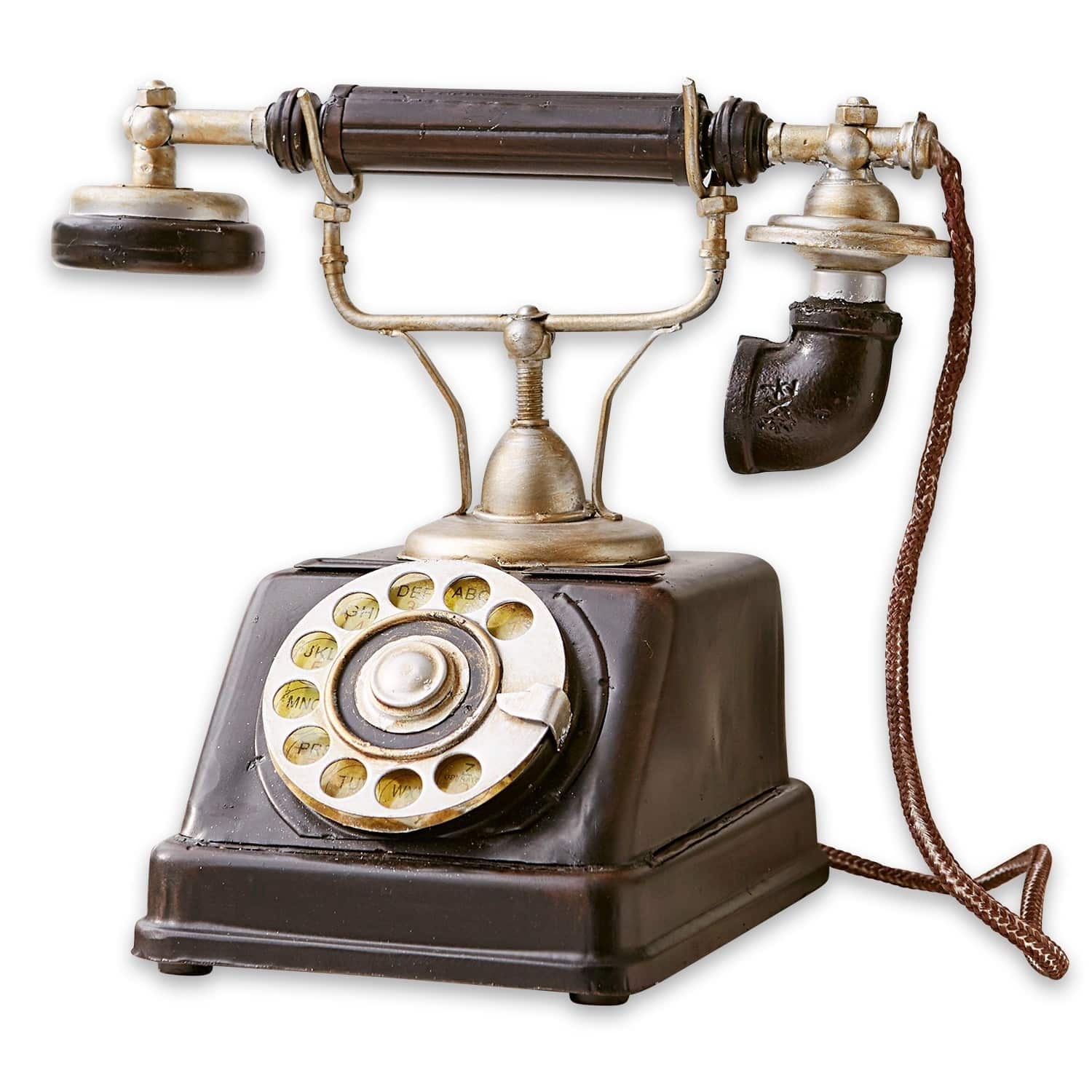 Deko-Telefon Upavon Altes schwarzes Wählscheibentelefon mit Metallteilen und braunem Kabel als Vintage-Dekoration