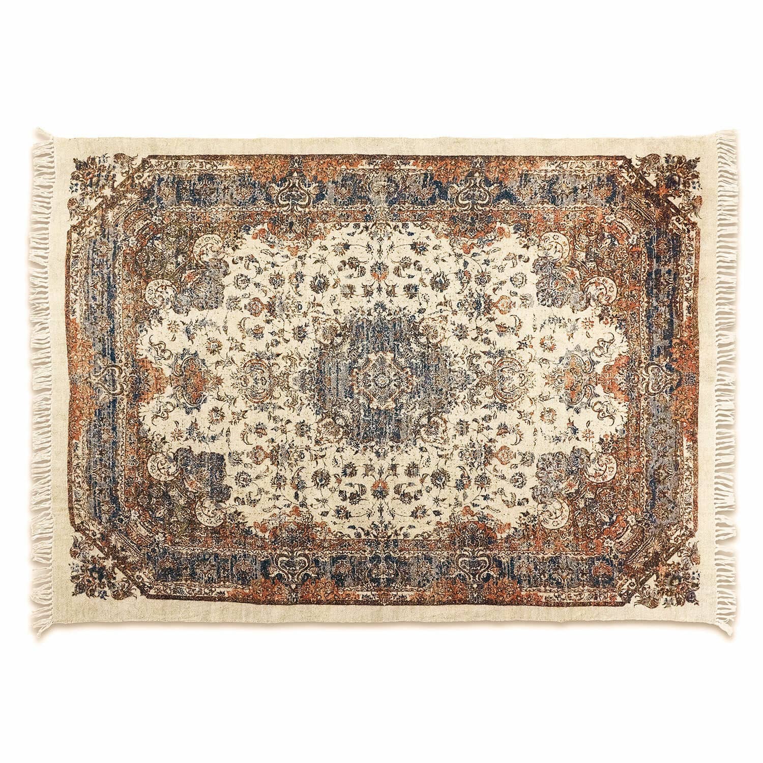 Teppich Aleixo Baumwollteppich mit orientalischem Muster in Creme, Blau und Braun mit dekorativen Fransen