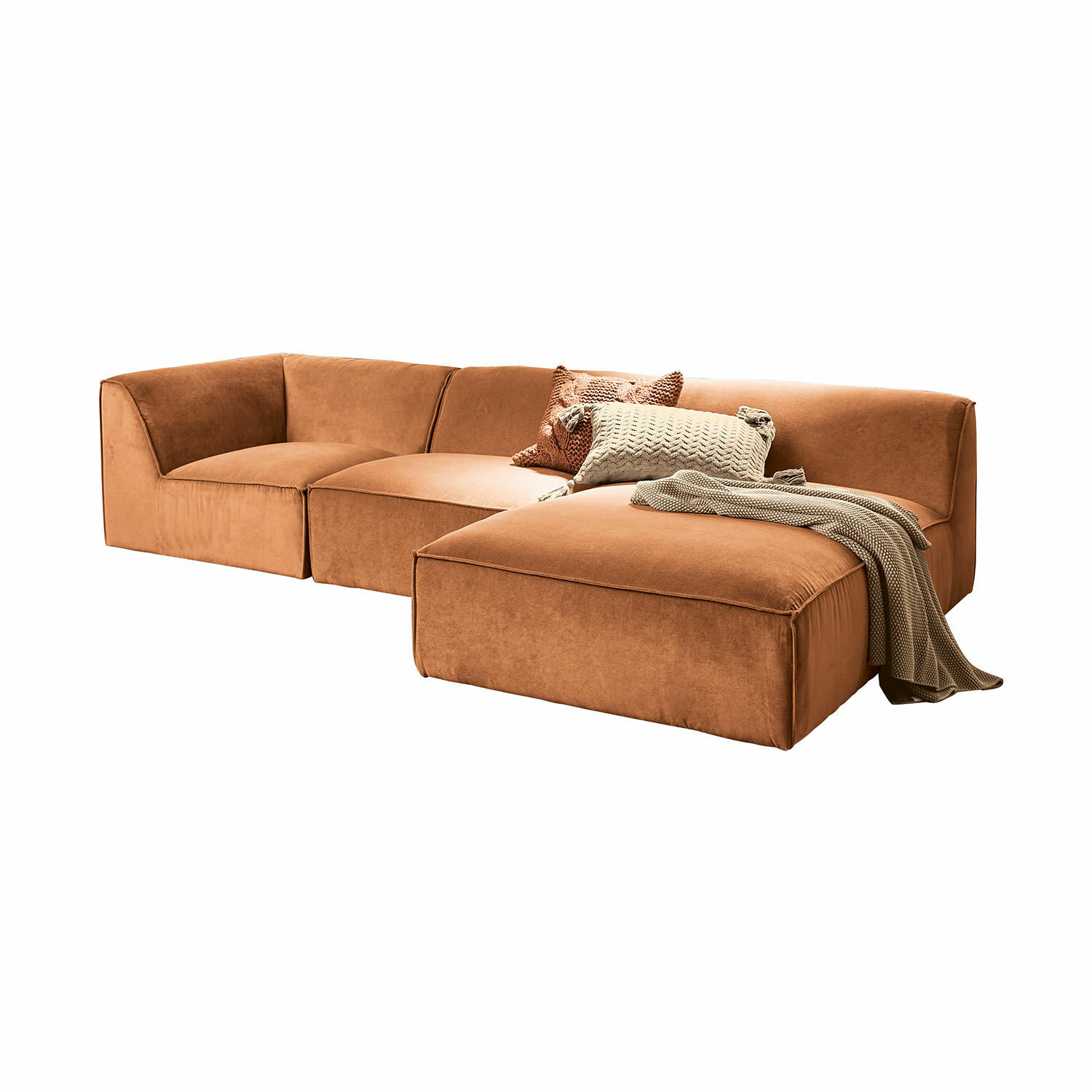Sofa McLean Modulares braunes Sofa aus weichem Stoff mit Kissen und Decke für das Wohnzimmer